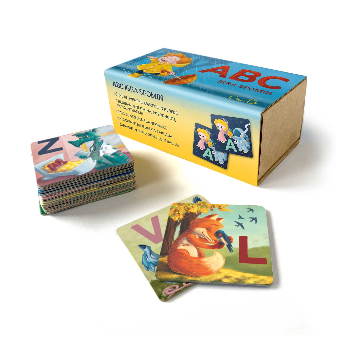 ABC igra spomin s slovensko abecedo. Učenje črk preko igre. Vsaka kartica vsebuje ilustracijo treh besed na isto črko. 