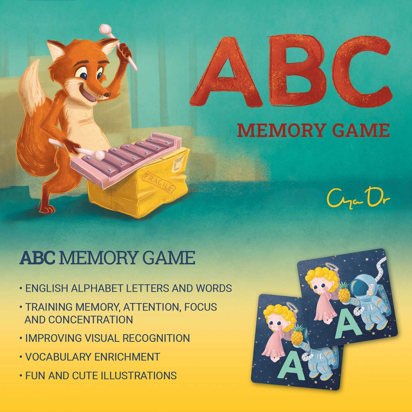 ABC memory game ali igra psomin z angleško abecedo. Training memory, attention, focus and concentration. Improving visual recognition. Vocabulary enrichment. Fun and cute illustrations. 